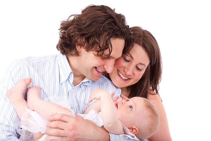 family, three, persons, smiling, looking, baby, child