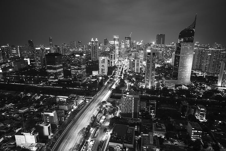 black-and-white, buildings, city, high-rises, lights, night, skyline