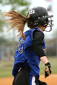 softbol, softbol meninas, fêmea, adolescente, bonito, rabo de cavalo, capacete