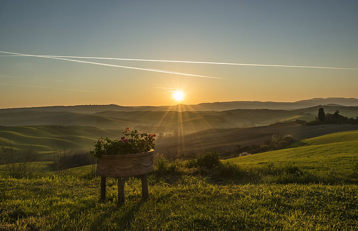 Toscana, paisagem, pôr do sol, Itália, agricultura