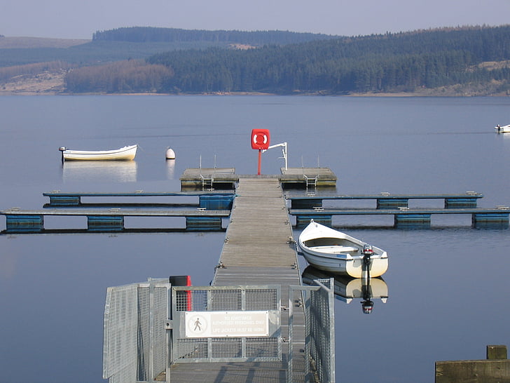 Lac, jetée, Kielder, bateau d’aviron, Pier, tranquil, scène