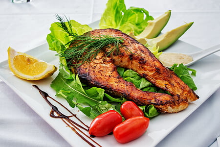 salmon, fish, grilled fish, grill, dish, gourmet, plate