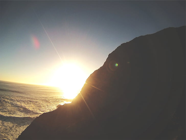 photo, silhouette, mountain, sunrise, sunset, sun rays, ocean