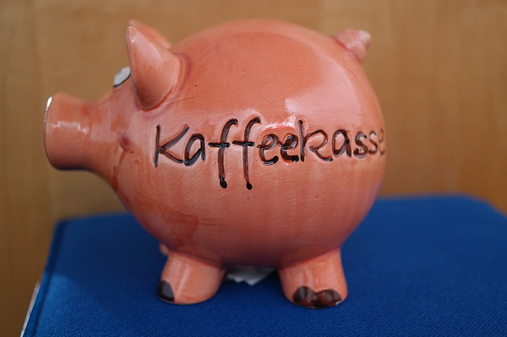 check-out café, check-out, porco, estatueta de porcelana, dinheiro, receitas, doar