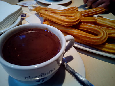 churros with chocolate, cold, winter, bar, breakfast, picnic, calories
