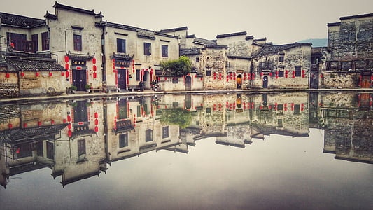 hongcun village, southlake, early in the morning, reflection, building exterior, architecture, built structure