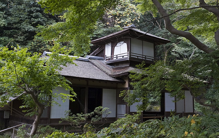 na chōshūkaku, Japonska hiša, tradicionalni, lesa, vrt v Jokohami, Japonska, japonski vrt