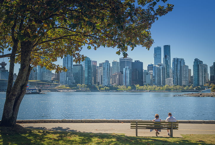 Vancouver, Canadá, Parque de Stanley, linha do horizonte, arranha-céus, Britsh columbia, Porto