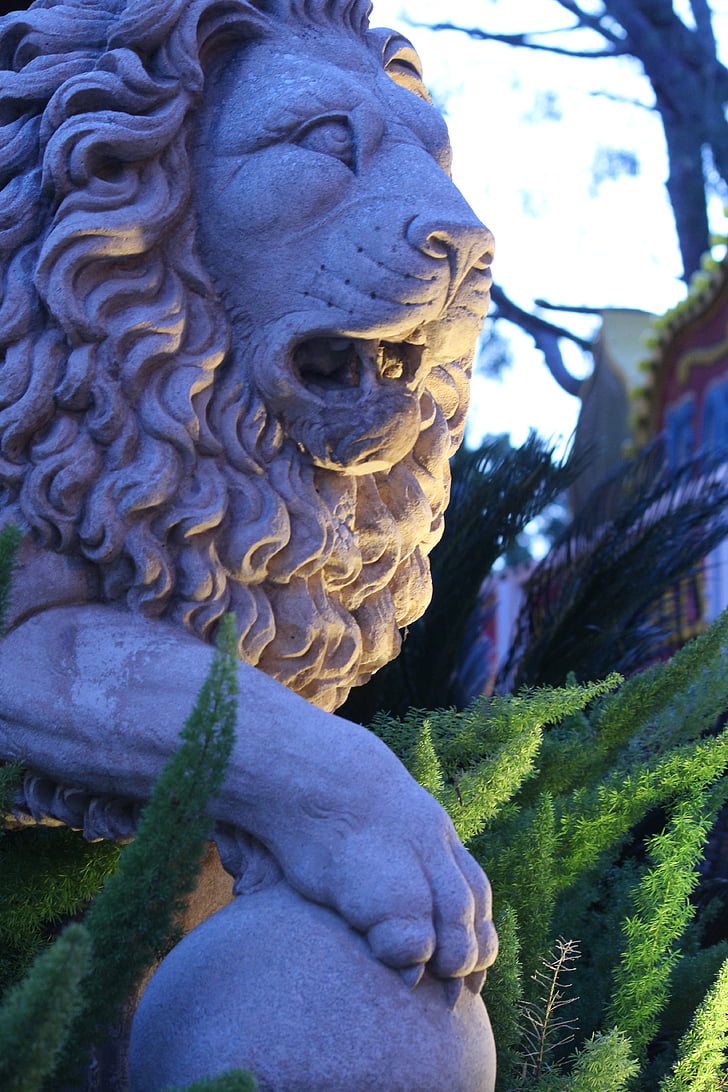 lion, statue, regal, garden statue, blue hour, sentry, animal