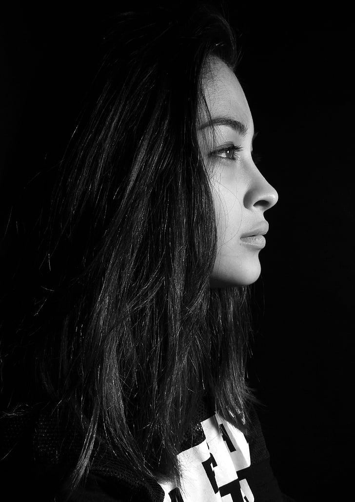 woman, half, face, girl, hair, Black and white, portrait