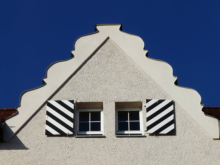 fachada, edifício, janela, Gable, telhado, primeiro, Branco