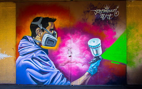 graffiti, kleurrijke, deur, metalen, garage, kunstenaar, geschilderd