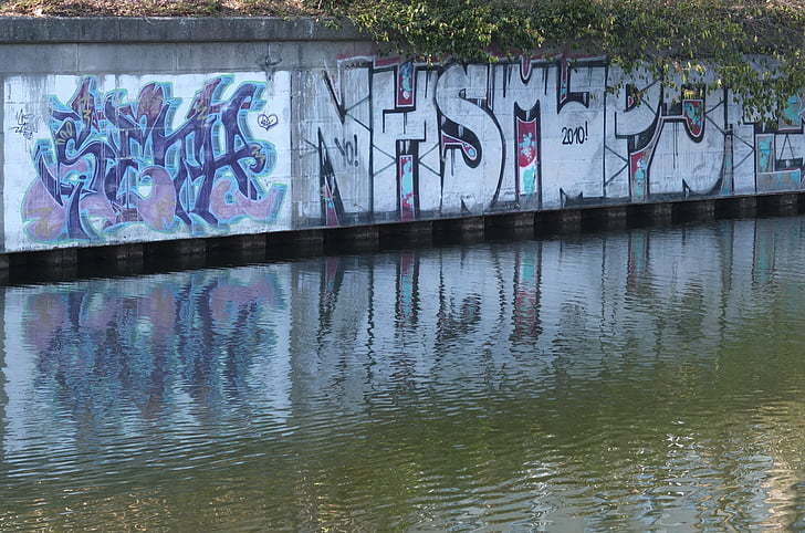 graffiti, víz, tükrözés, fal, Berlin, Heckmann shore, Landwehrkanal