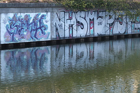 Графити, вода, Отразявайки, стена, Берлин, heckmann бряг, Landwehrkanal