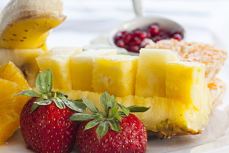 fruit, diet, healthy, pineapple, strawberry, tangerine, plate