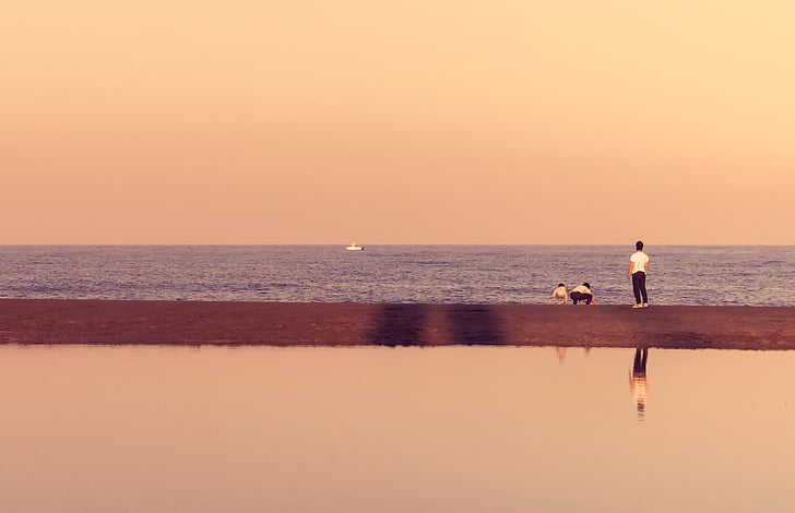 three, people, beach, sunset, sea, ocean, water