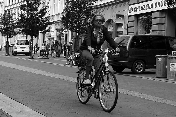 Ciclista, fekete-fehér, asszony, kerek, Ride, közúti, utca