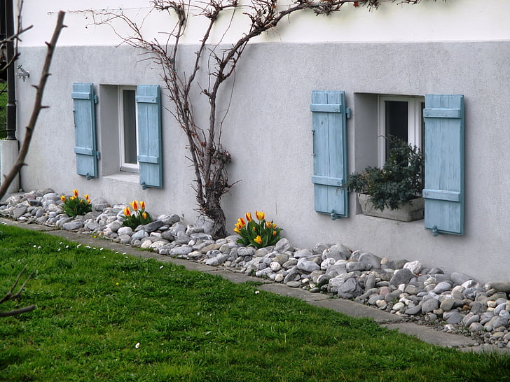 idyll, part of the house, stone discounts, tulips, trellis, window, shutters