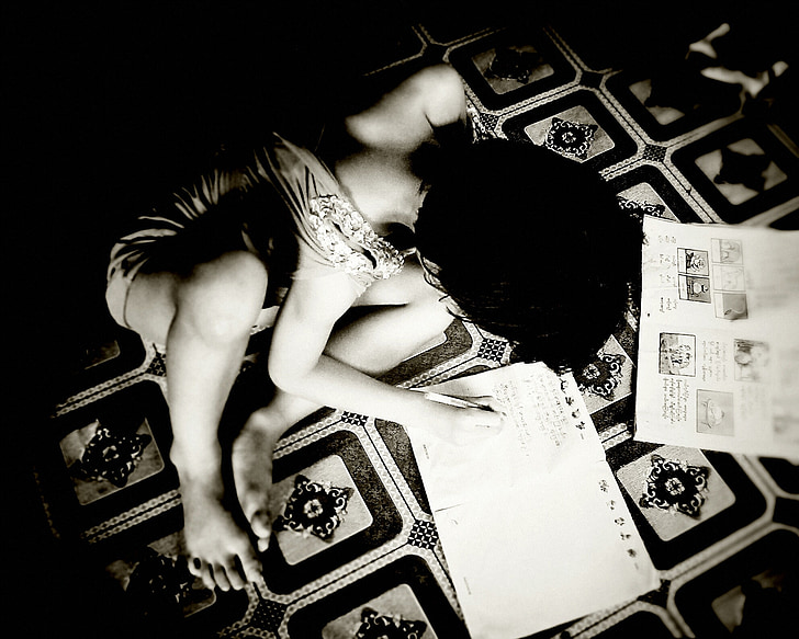child, girl, writing, sitting, young, childhood, black and white