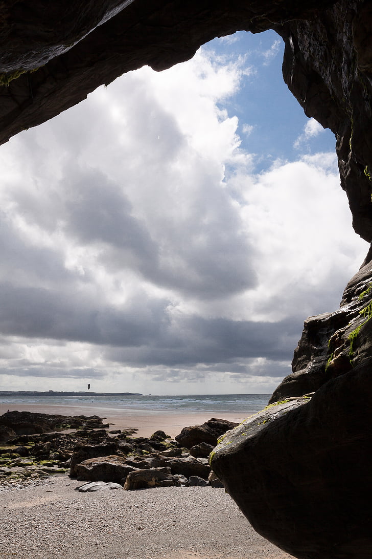 cave, output, opening, sea, clouds, water, sky
