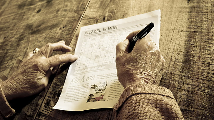 people, old, pen, magazine, paper, puzzle, game
