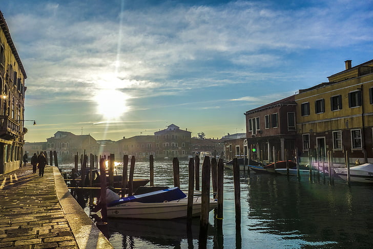 Velence, Murano, vízi, naplemente, Olaszország, ünnepek, üveg-sziget