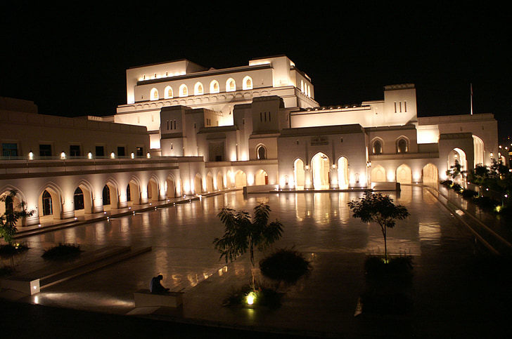 Oman, Muscat, Opera, natt, arkitektur, belysta, berömda place