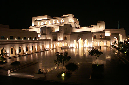 Omán, Muscat, opera, noche, arquitectura, iluminados, lugar famoso