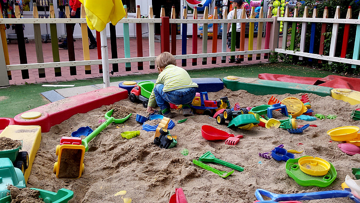 дитина, пісок яма, грати, барвистий, копати, літо
