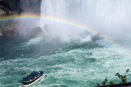las Cataratas del Niágara, Canadá, barco, arco iris, criada de la niebla, turistas, enfoque