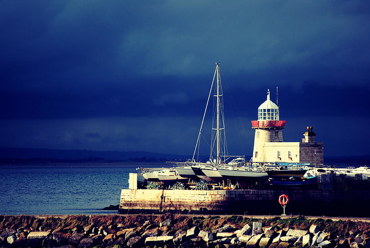 lighthouse, near, body, water, boats, coast, rocks