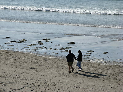 spiaggia, vicino al mare, a piedi, coppia, estate, sabbia, acqua