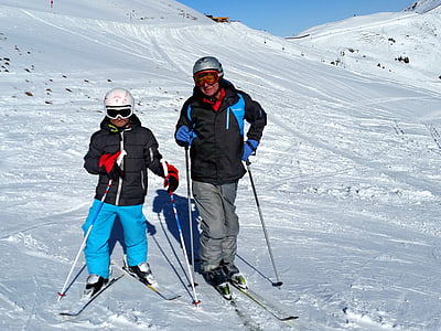 ski, skieurs, grand-papa, domaine skiable, bâtons de ski, hiver, piste de ski