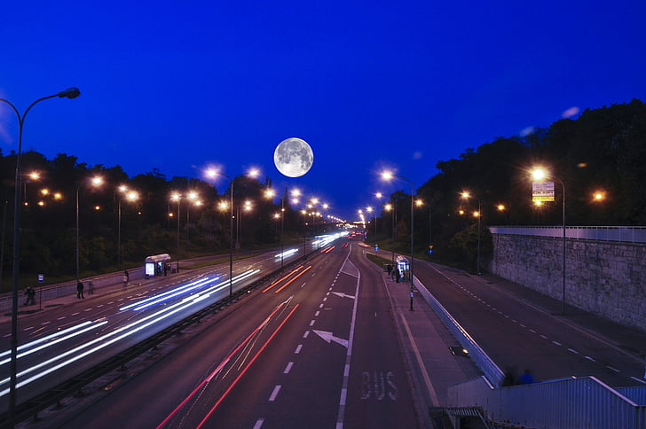 route time, street, evening, light, long exposure, warsaw, moon