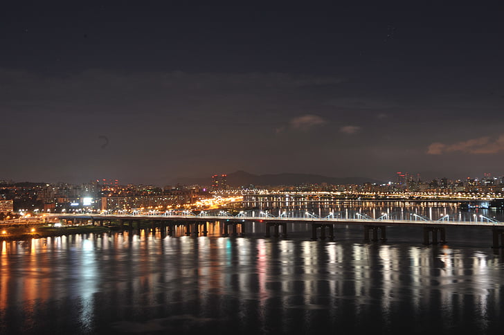 γέφυρα κίνησης, Νυχτερινή άποψη, Ποταμός Han, Σεούλ