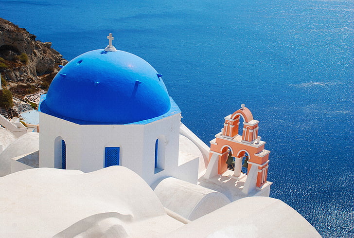 Santorini, Grčka, Crkva, Otok, grčki, bijeli, plava