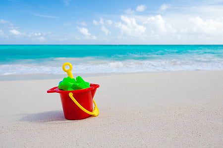 sand, bucket, beach, vacation, summer, shovel, plastic