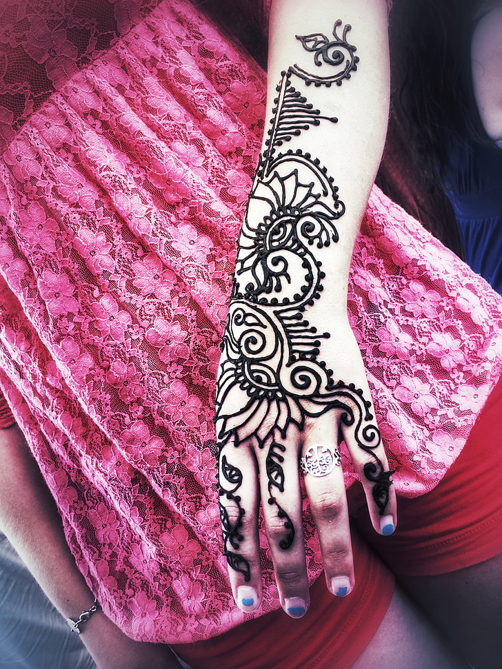 Henna, művész, lány, Mehndi, dekoratív, indiai, dísznövények