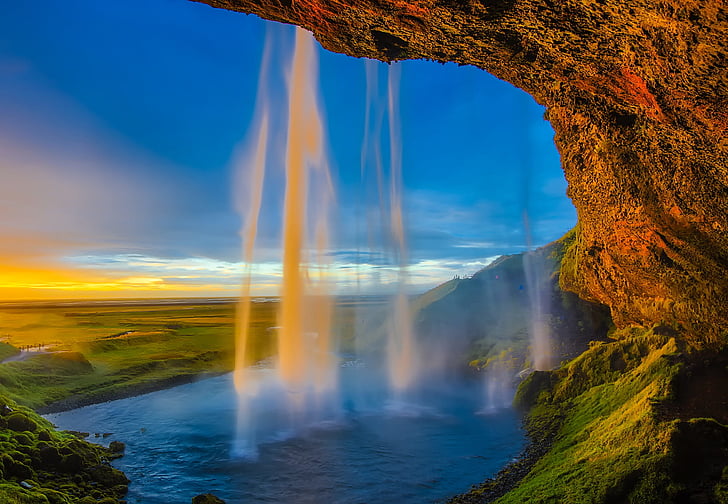 Islanda, cascata, cade, cascata, piscina, diretta streaming, acqua