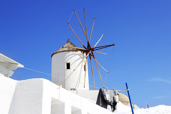 Santorini, kincir angin, putih, langit, liburan, Cyclades, Kepulauan Cyclades