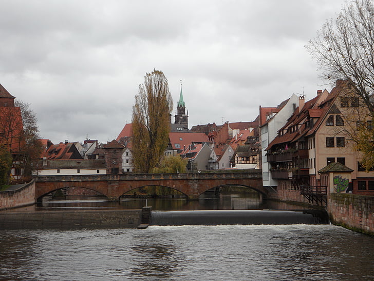 cidade velha, Nuremberg, água, Pegnitz, edifício, casas, arquitetura