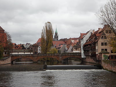 old town, nuremberg, water, pegnitz, building, homes, architecture