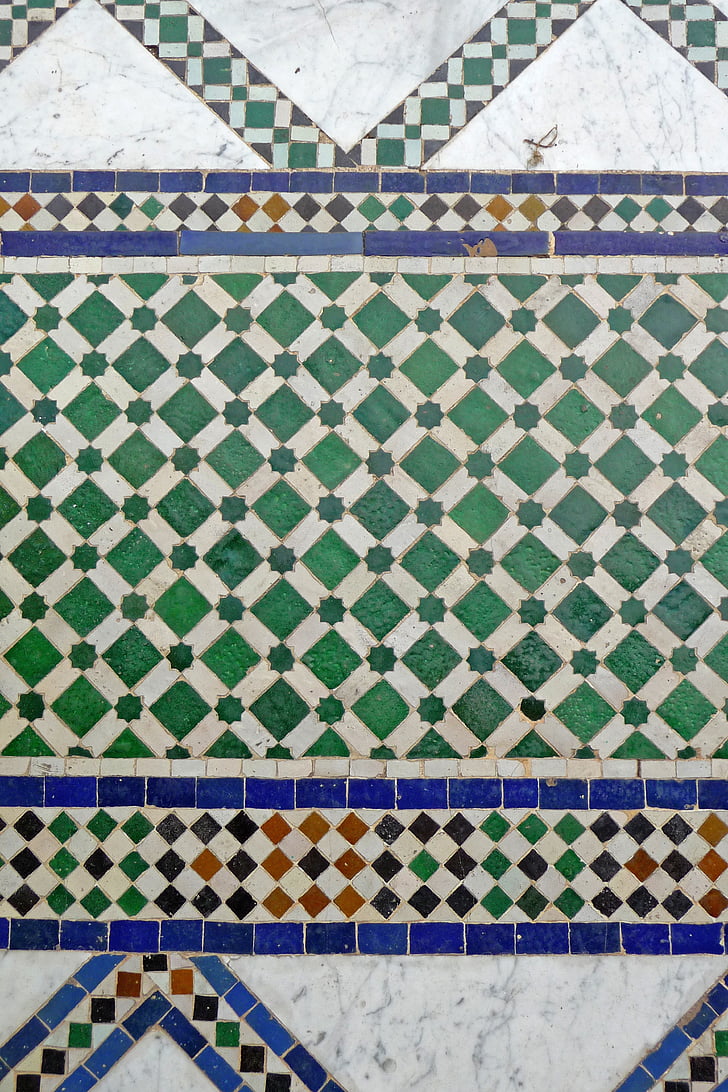bahia, palais, palace, marrakech, tiles, blue, green