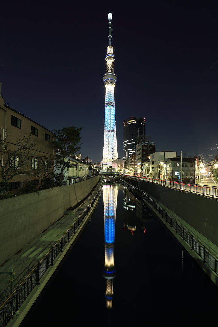 concrete, building, nighttime, reflected, reflect, towers, tower