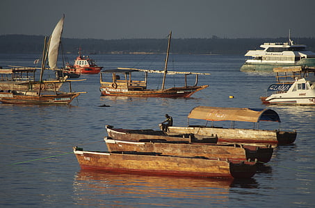 pristanišča, sončni zahod, Tanzanija, Dhow čolni, Navtična plovila, morje, vode