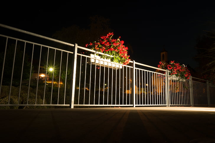 flowers, night photograph, railing, night, away, flowerpot, light shadow