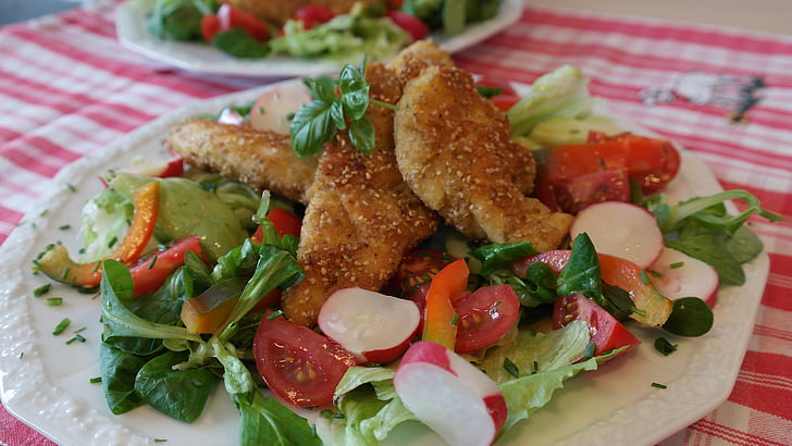 chicken breast, chicken, salad, food, healthy meal, low-calorie, tomato