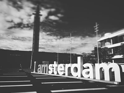 i amsterdam, olympic stadium, netherlands, black and white, letters