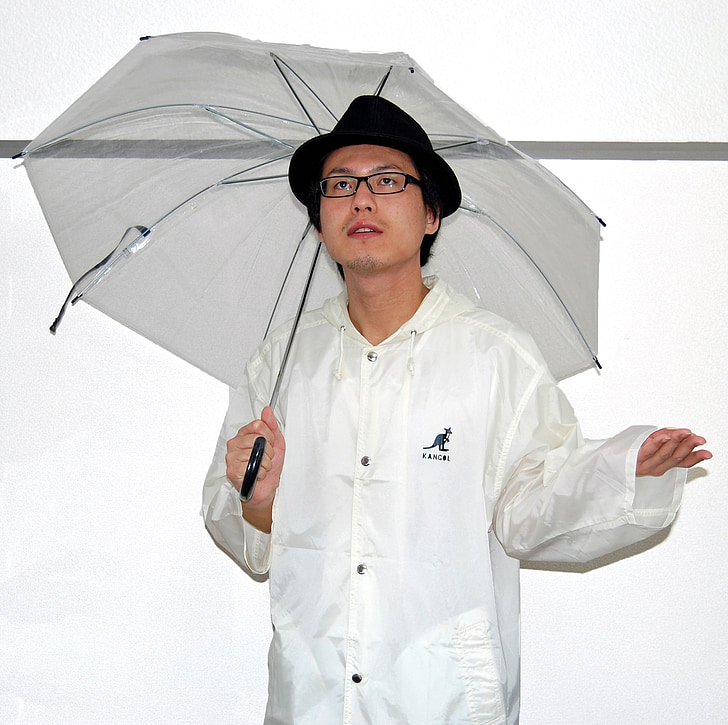 male, person, umbrella, rain coat, vinyl, nylon, hat