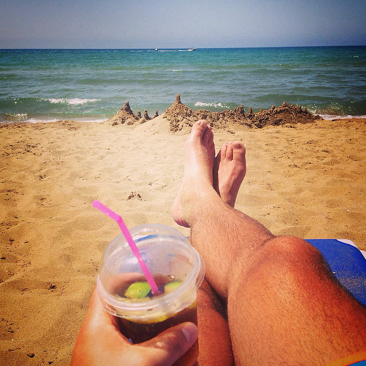 sea, beach, relaxation, the drink, feet, holiday, sand
